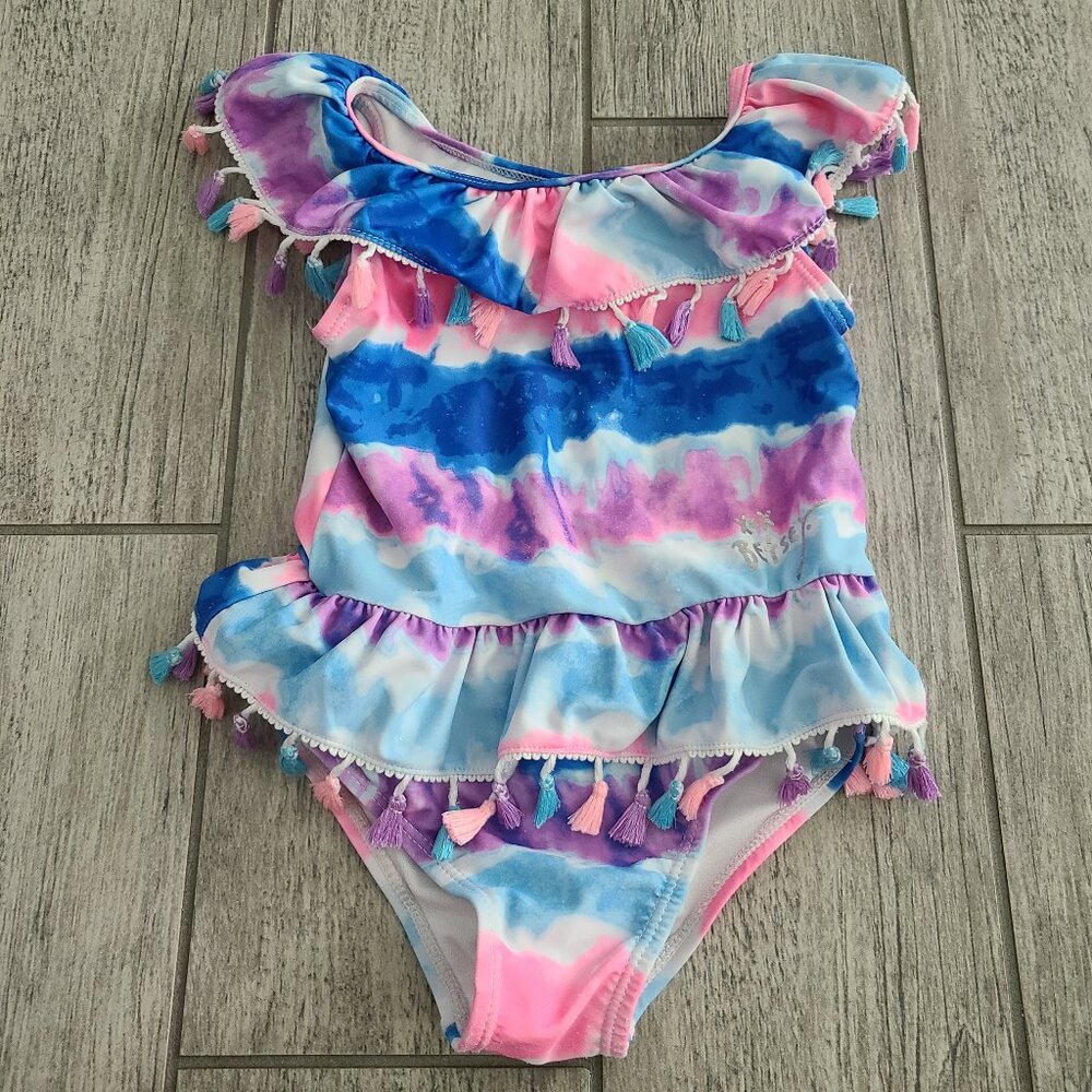 Betsey Johnson Girls Tassel Ruffle One-Piece Swimsuit Blue & Pink Size 4